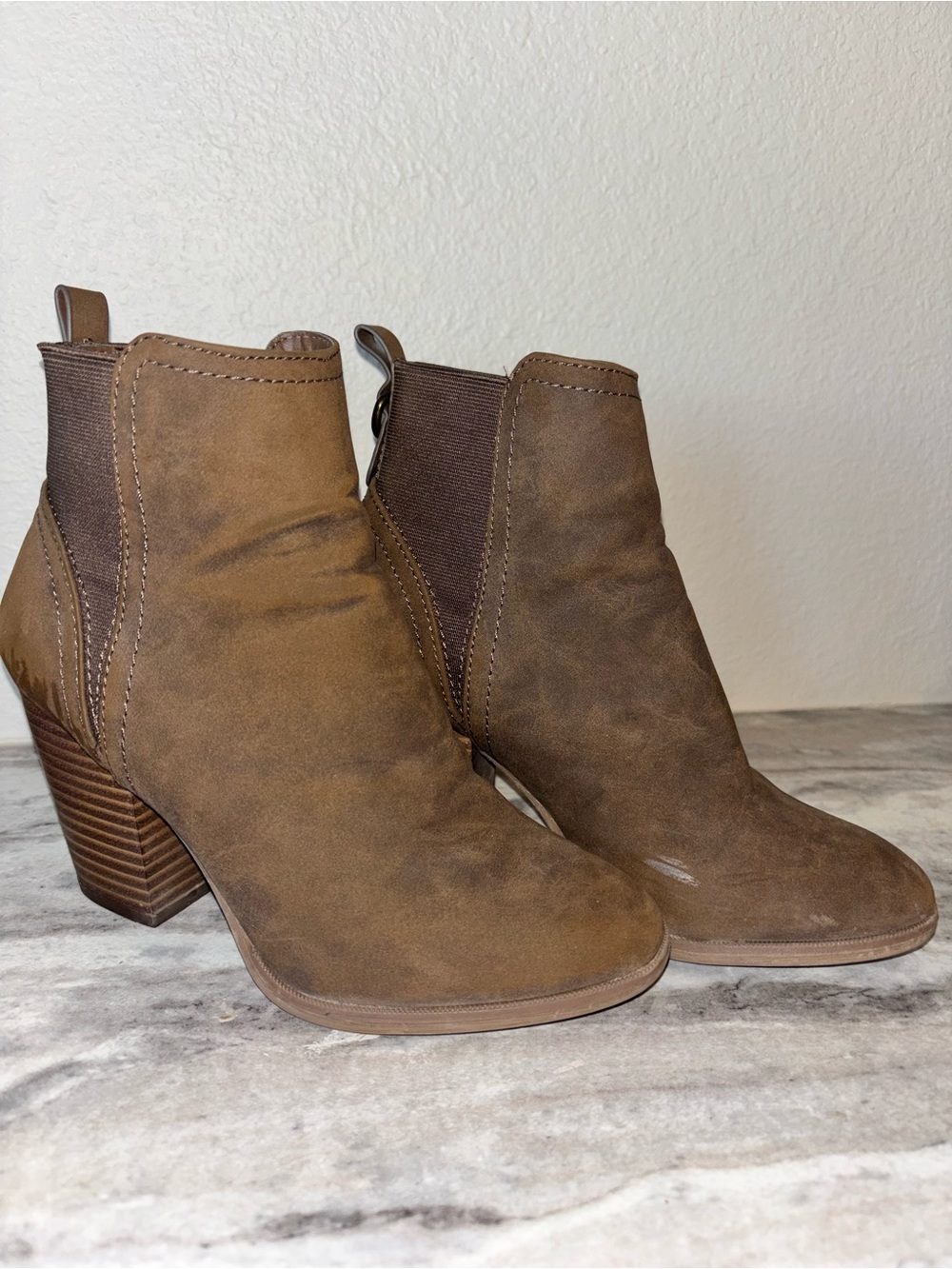 Call It Spring Brown Suede Ankle Booties with Stacked Heel